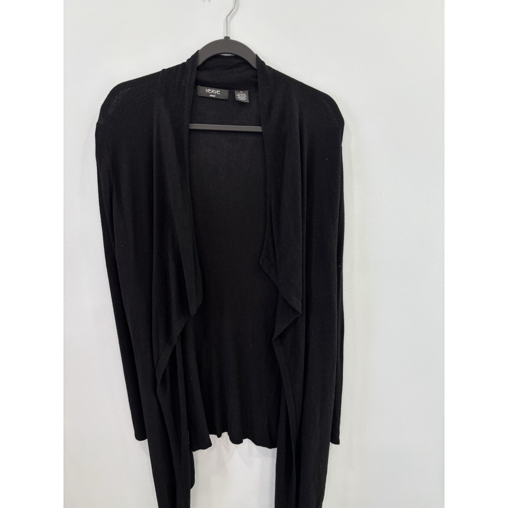 Verve Ami Black Open Front Cardigan Asymmetrical Hem Rayon Medium